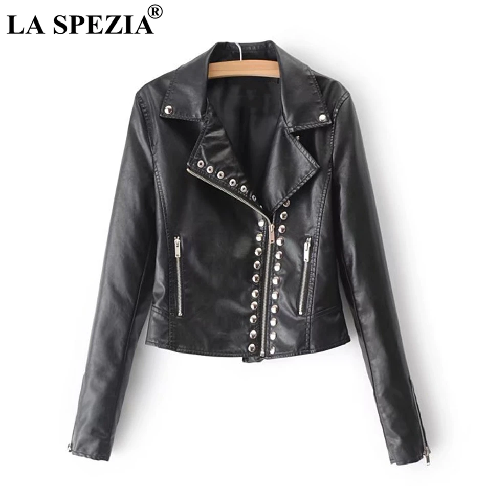 LA SPEZIA Brand Motorcycle Jacket Women Burgundy Leather Jackets Ladies Zipper Pockets Rivets Short Biker Classic Autumn Coats