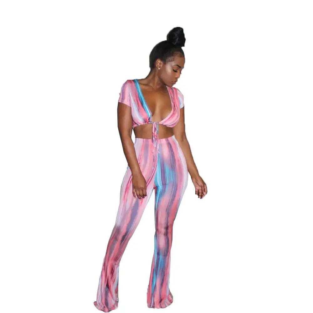

Slim Bloom Tie Dye Print Two Piece Set Sexy V Neck Lace Up Bandage Crop Top With Long Pants Women Set Elegant Bodycon Women Suit