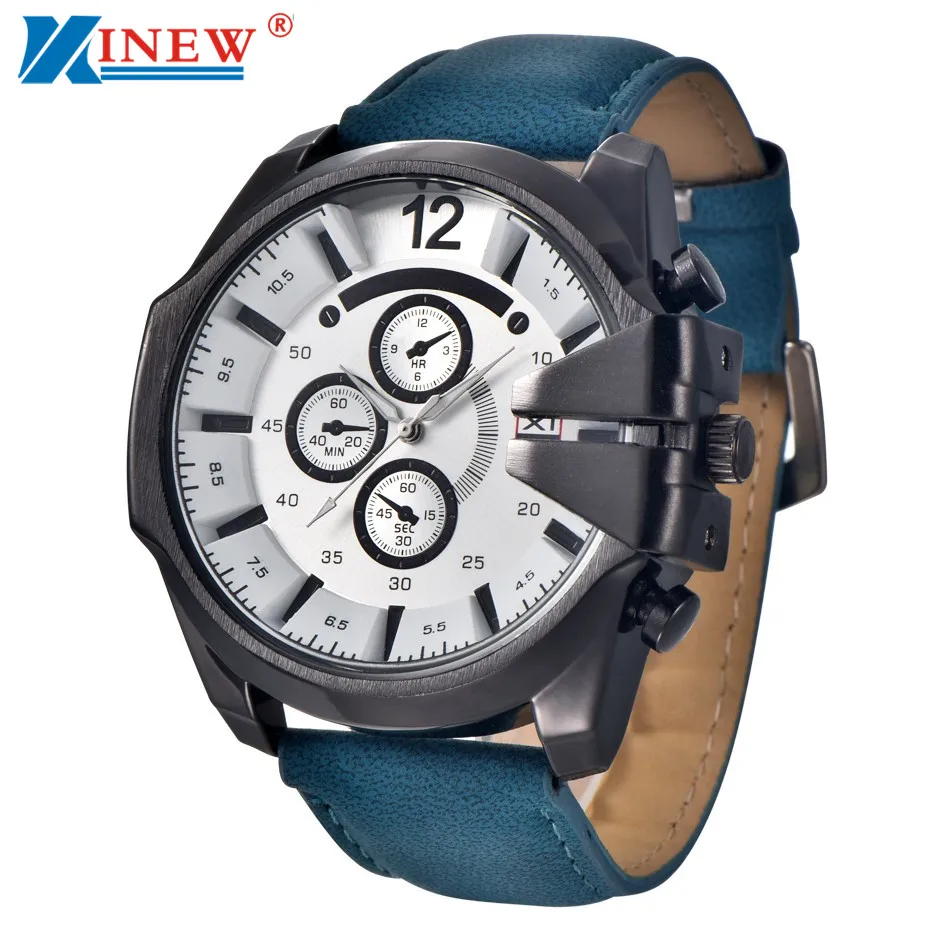 

XINEW Watchs digital military menVintage Brown Men Analog Steel Case Date Leather Brand Sport Quartz Wrist watch men 2017 luxury