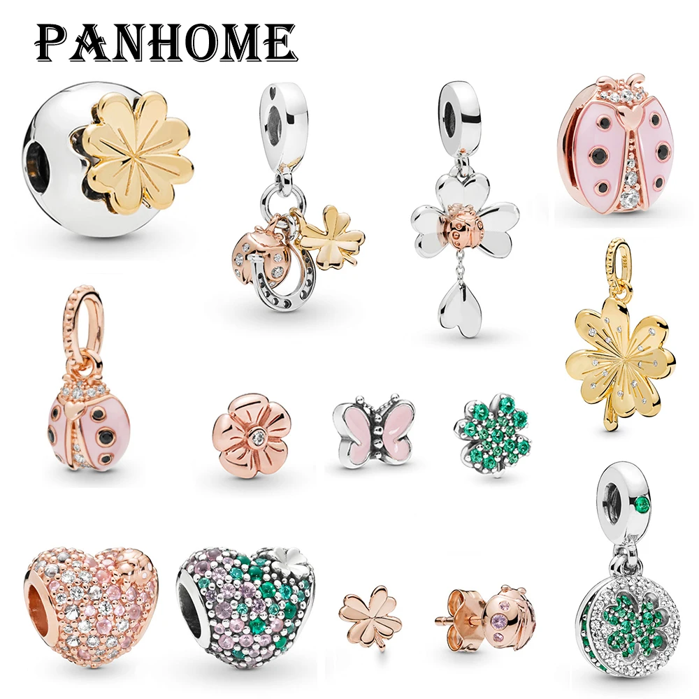 

PANHOME 100% 925 Sterling Silver 2019 Spring Four-Leaf Clover and Ladybird Stud Earrings CLIP Charm Beads Launched In Succession