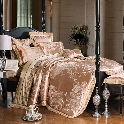 White Silver Color Jacquard Luxury Bedding sets 4/6 Pcs Queen/King size lace cotton Stain Bed set Bed linen Duvet cover pillow 58