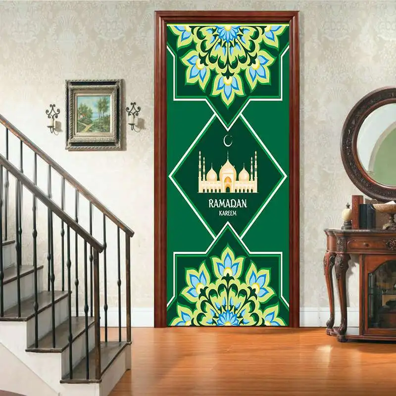 Дворец 3D мусульманских Happy ИД Мубарак двери Стикеры Рамадан украшения Гостиная Спальня двери Творческий дом Декор стены Стикеры - Цвет: AW706 green