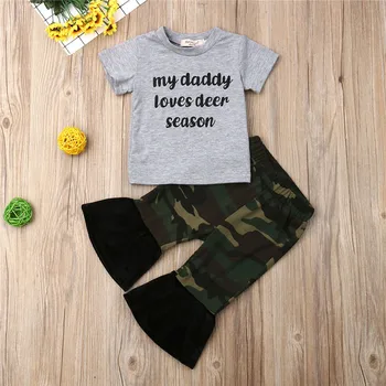 

0-24M Baby Girls Clothes Set Gray Letter Print T-Shirt Girls Green Camouflage Flared Long Pants Girls Children Set Infant Outfit