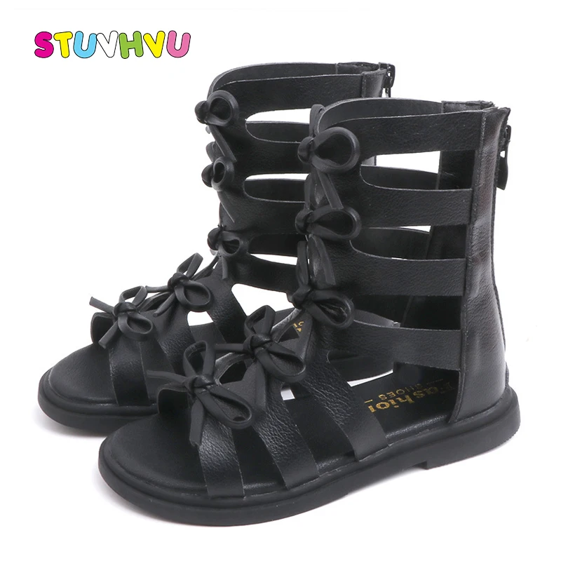 

Summer New Roman Sandals Girls Beach Shoes Non-slip Leather Bow Princess Shoes Children's Sandals for Girls Shoes Black White