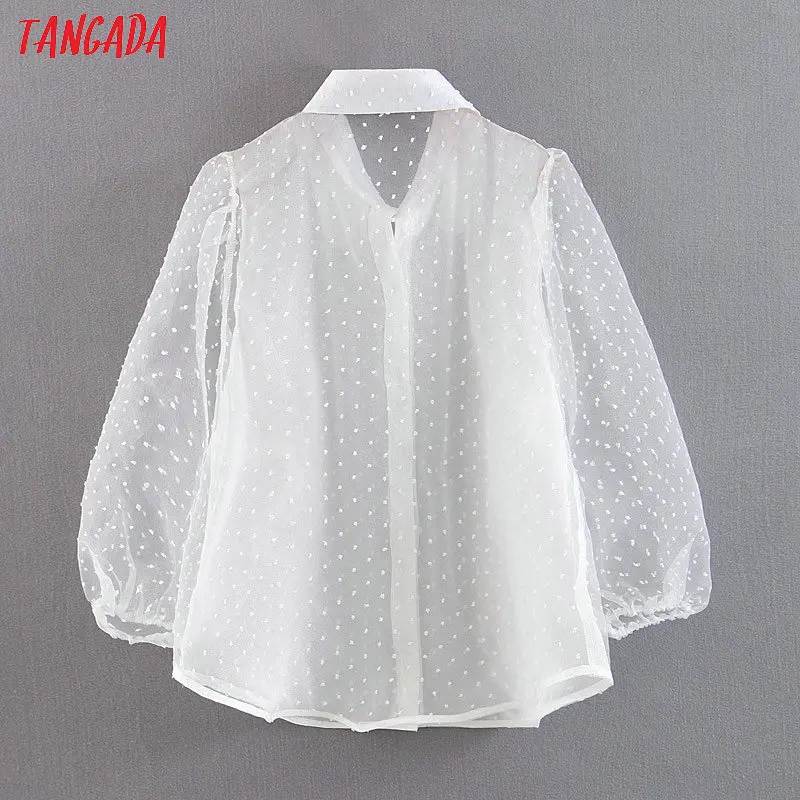  Tangada women white chiffon blouse transparent long sleeve turn down collar female oversized shirts