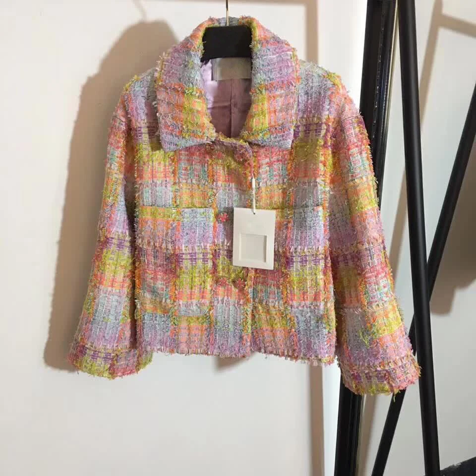

2019 new women knitted colorful tweed jacket vintage fashion female overcoat