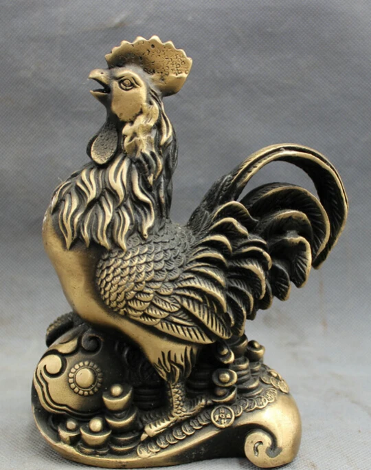 

song voge gem S4285 Folk Chinese Bronze Animals Wealth Cock Rooster On RuYi YuanBao Coin Statue