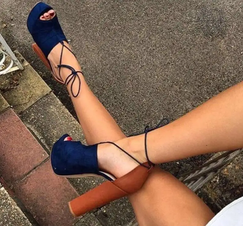 

Fashion Chunky Heels Open Toe Shoes Blue Suede Patchwork Lace-up Women Square Heels Dress Shoes