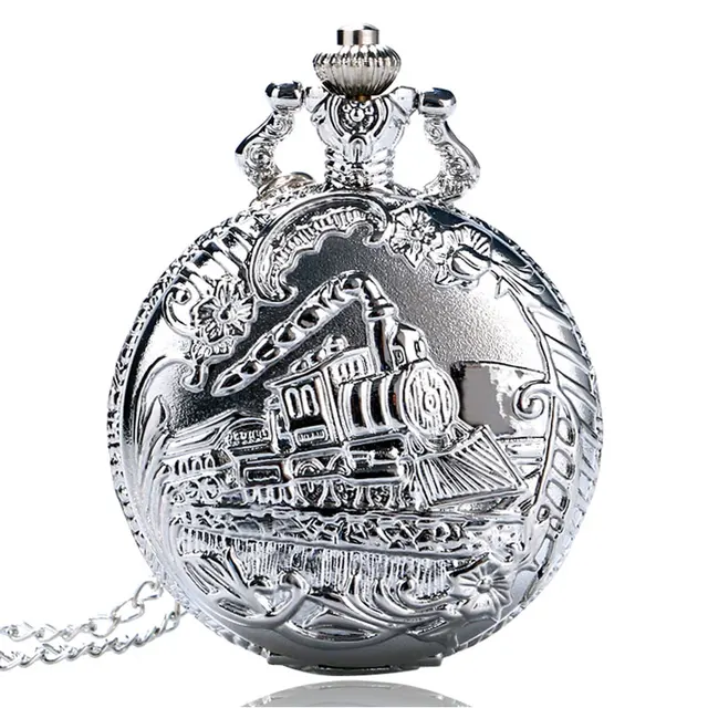 Retro Silver Pocket Watch Train with Flower Relogio De Bolso Quartz Watch with N Retro Silver Pocket Watch Train with Flower Relogio De Bolso Quartz Watch with N