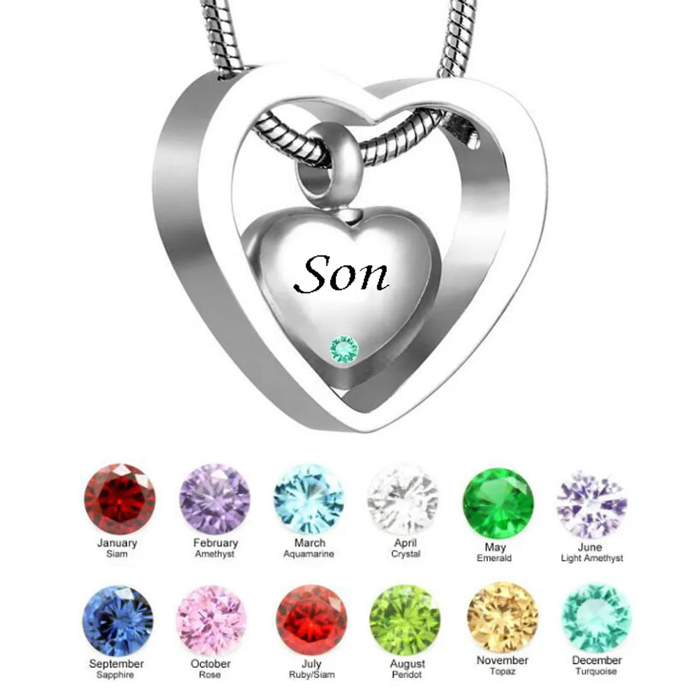 Son кулон из нержавеющей стали с камнем на день рождения Двойное сердце Keepsake зола