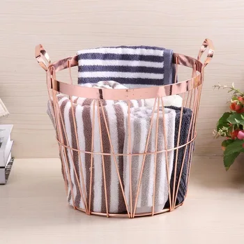 

Nordic Style Rose Gold Storage Basket Wrought Iron Kitchen Clear Up Laundry Basket With Handle Basket Organizer