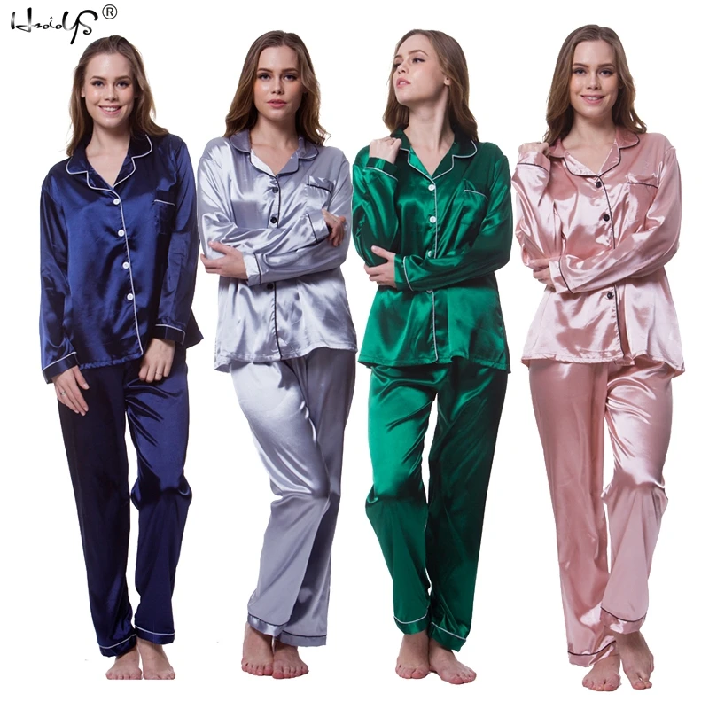 Plus size M 5XL Women Silk Satin Pajamas Pyjamas Set Sleepwear Long