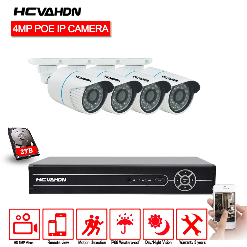 

4CH 5MP CCTV Camera System NVR Kit 4.0MP Outdoor Security 4 x 4MP POE IP Camera P2P IR-CUT Video Surveillance System Set 2TB HDD