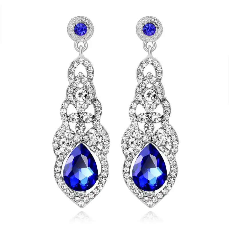 

Wedding Crystal Long Earrings for Women Silver Champagne Color Blue Fashion Wedding Earrings Geometric Shape Jewelry