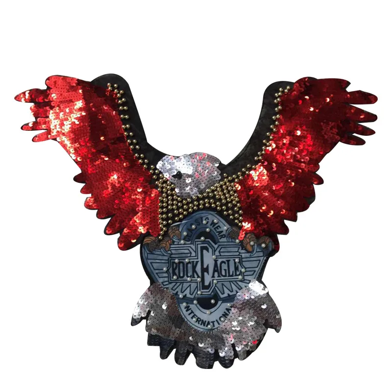 

embroidery large sequined beaded eagle patches for jackets,embroidered big red birds badges appliques for jeans,patches A861
