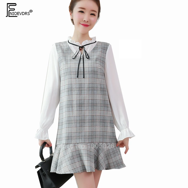 

Autumn Fall Design Dresses Women Fashion Flare Sleeve Patchwork Fake Faux Two Piece Bow Tie Ruffled Doll Plaid Shirt Dress 8627