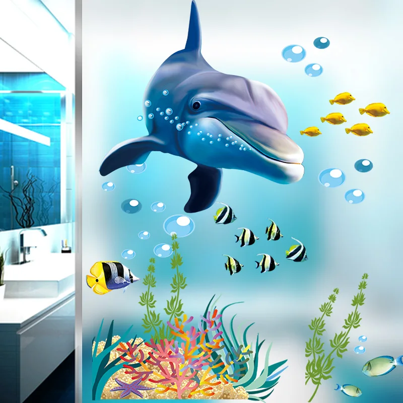 Cartoon Dolphin Bathroom Kitchen Decorative Wall Stickers Ocean Underwater Home Decor Window Sticker Fish Decals Mural Kids Room