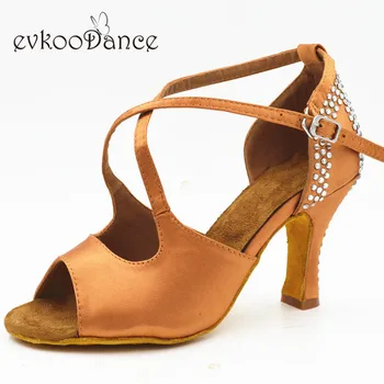 

Zapatos De Baile Comfortable Brown Satin With Rhinostone Latin Dancing Shoes 8cm Heel Height Size US 4-12 NL240