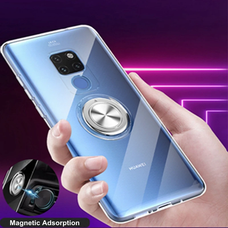 

10PCS Transparent Phone Case With Magnetic Adsorption Metal Ring Stand 360 Ring Holder Phone Cover for Huawei P30 Pro Mate 20