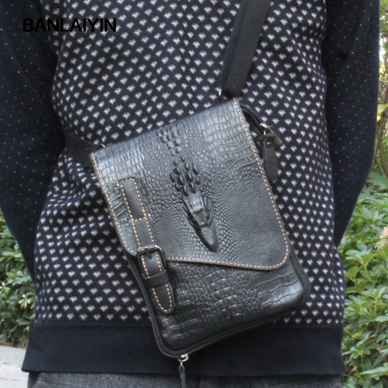 

Men Genuine Leather Business Crocodile Grain Genuine Leather Vintage Shoulder Messenger Bag Phone Pocket Wallet
