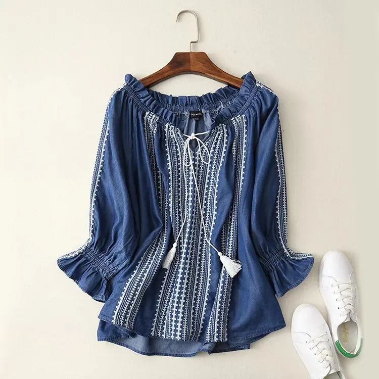 

Women Blue Denim Tencel Embroidery Shirt String O-neck Long Sleeve Top Blouse Spring Autumn New Arrival Big Size Hot Sale