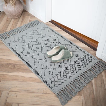 

60x90cm grey/black Modern simple cotton floor mat Nordic door floor rug carpet tassel bedroom mat anti slip