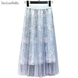 Летняя женская юбка бутик вышивка леди ветер синий маленький цветочный средней длины сетчатая юбка для отдыха слово половина кружева