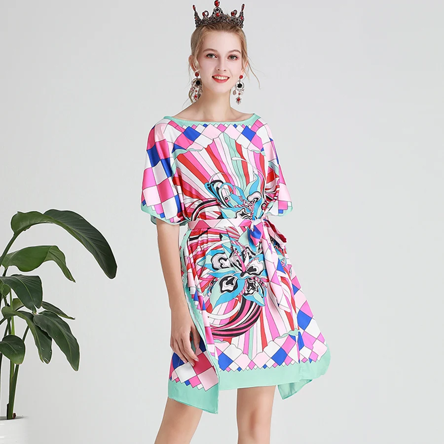 

VERDEJULIAY Runway Dress 2019 Summer New Fashion Design Batwing Sleeve Pink Plaid Flower Stripe Print Straight Loose Dress Belt