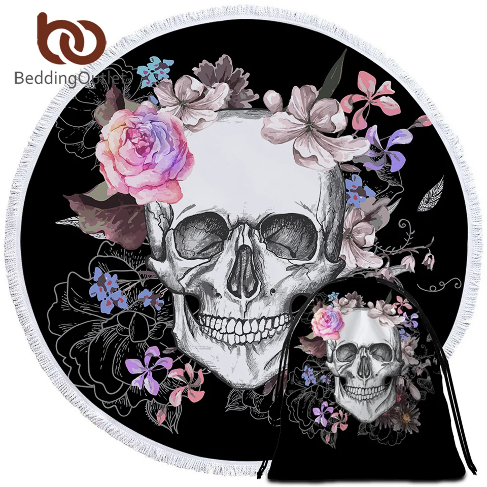 BeddingOutlet Sugar Skull Round Beach Towel Floral Bath Towel Black Yoga Mat Flower Tapestry Gothic Toalla Blanket 150cm Drophip