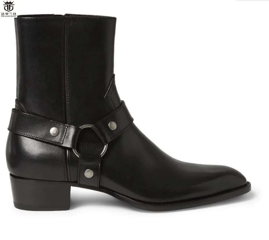 FR. LANCELOT/; ботинки «Челси»; мужские кожаные ботинки черного цвета; ботильоны из натуральной кожи с металлическим украшением; мужские ботинки на молнии с высоким берцем