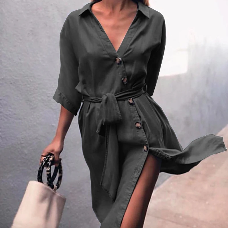 Autumn Fashion Demin Jean Bandage Dresses Turn-Down Collar Shirt Dresses Tunic Button OL Style Robes Feminina SJ028U
