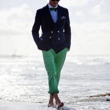 Летний темно-синий Блейзер, зеленые брюки, мужские костюмы для пляжа, свадьбы, жениха, одежда, Лучший мужской костюм для жениха, смокинги, куртка+ штаны+ галстук