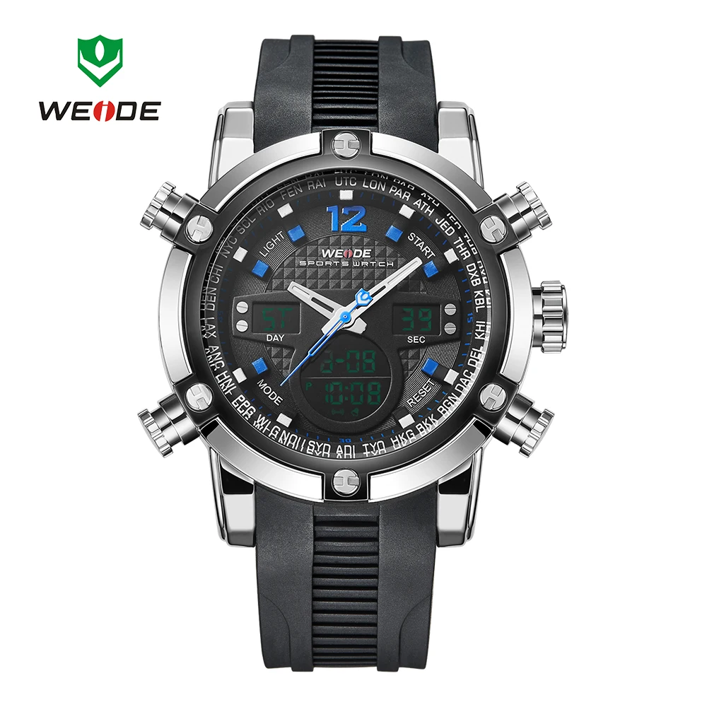 

Fashion Brand WEIDE NEW Sports Watch Mens Blue Digital Quartz Watch LED Dual Time 30m Waterproof Army Wristwatch Clock Relogios
