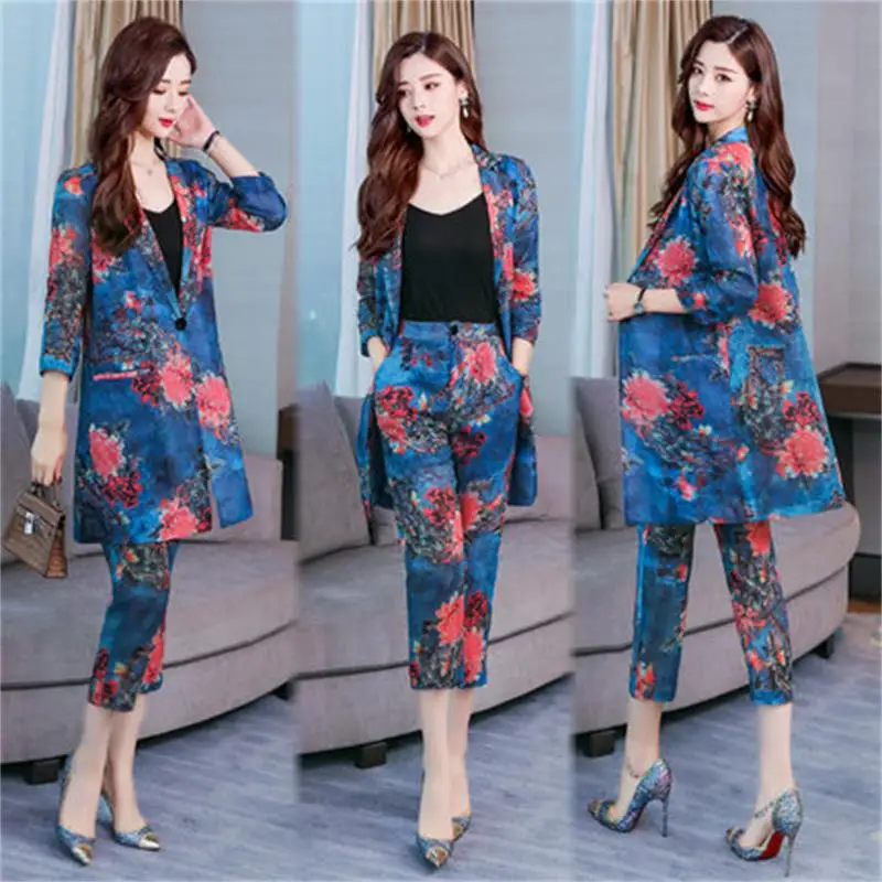 

Print long and small suit suit female 2019 autumn new Korean version of the early autumn fashion fashion suit two setsof tide Ms