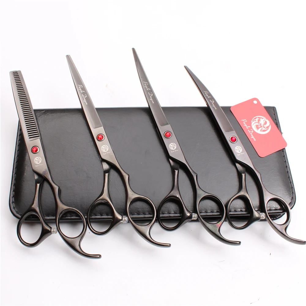 

Z3003 4Pcs Set 7'' Black Color Pets Hair Suit Cutting Shears + Thinning Scissors + Professional Dogs Cats Up/Down Curved Shears