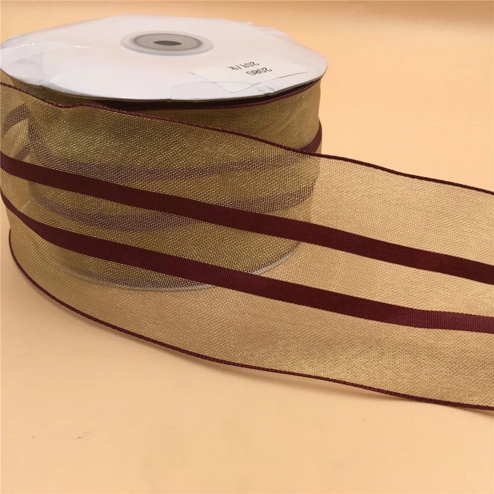 63mm X 25yards Burgundy Stripe Gold Metallic Wired Christmas Ribbon