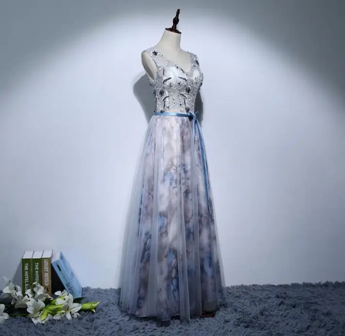 VENSANAC 2018 A Line Lace Embroidery V Neck Long Evening Dresses Elegant Sash Party Crystal Flowers Backless Prom Gowns