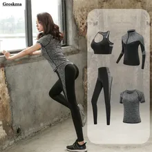Conjunto de roupa de secagem rápida feminino, 4pcs, fitness, academia, yoga, sutiã + camiseta + leggings 2019 treino corrida treinamento