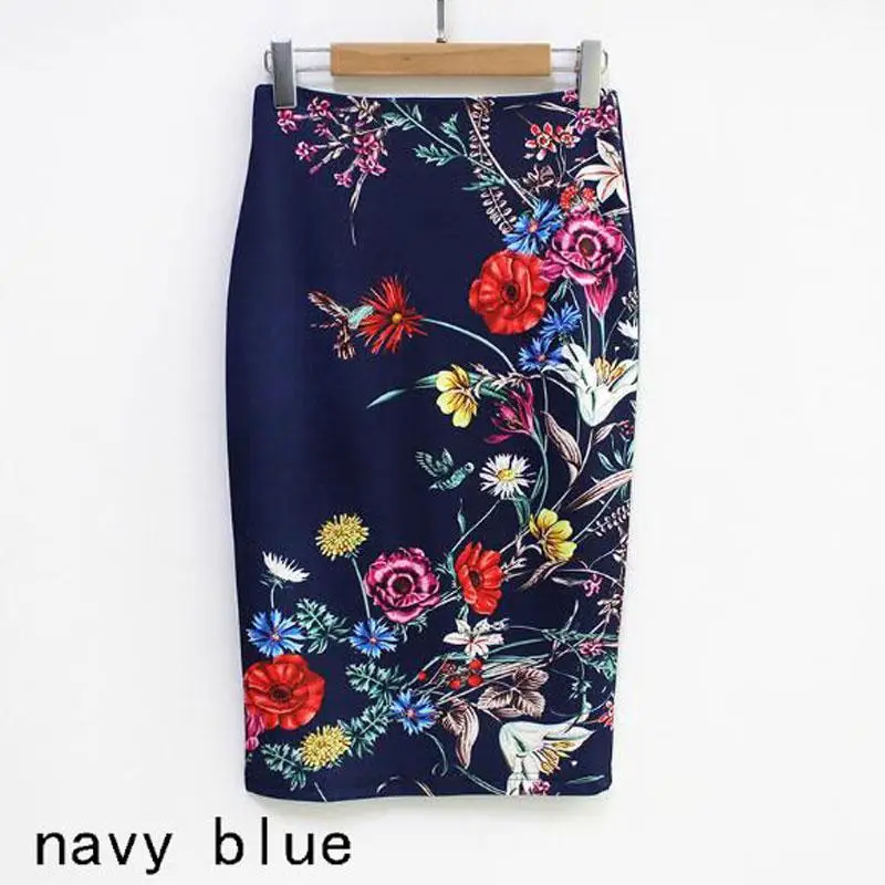 navy blue Летняя стильная юбка-карандаш женская с высокой талией зеленая красная Цветочная юбка винтажная элегантная облегающая Цветочная юбка миди с принтом BN3102 - Цвет: navy blue