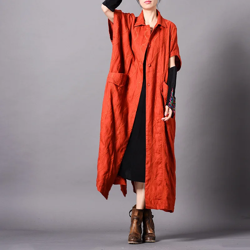 

Women Spring Loose Embroidered Retro Trench Coat Outerwear Ladies Plus Size Vintage Cotton Linen Overcoat Female Long Coat 2019