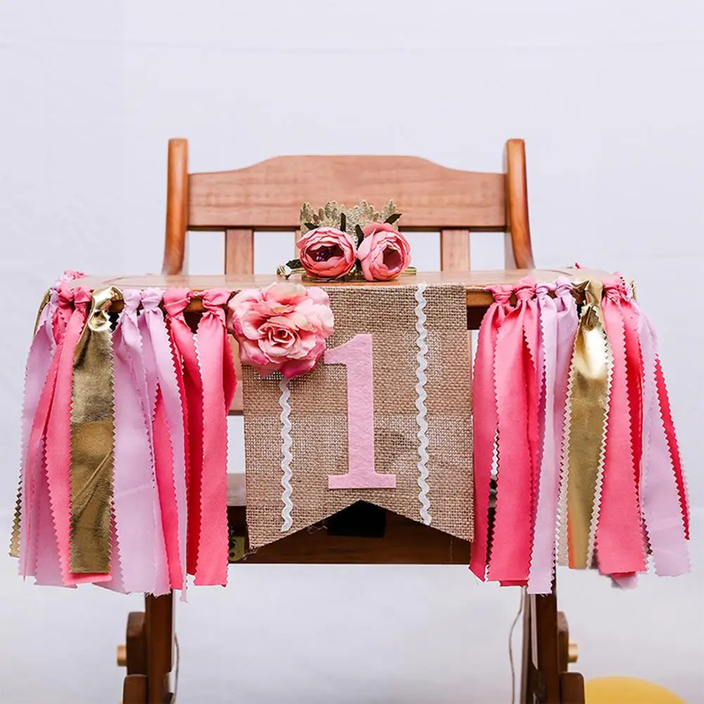 

New One Pink Flower Girl First Birthday Party Highchair Banner Garland Boho Style One Pompons Bunting Photo Props