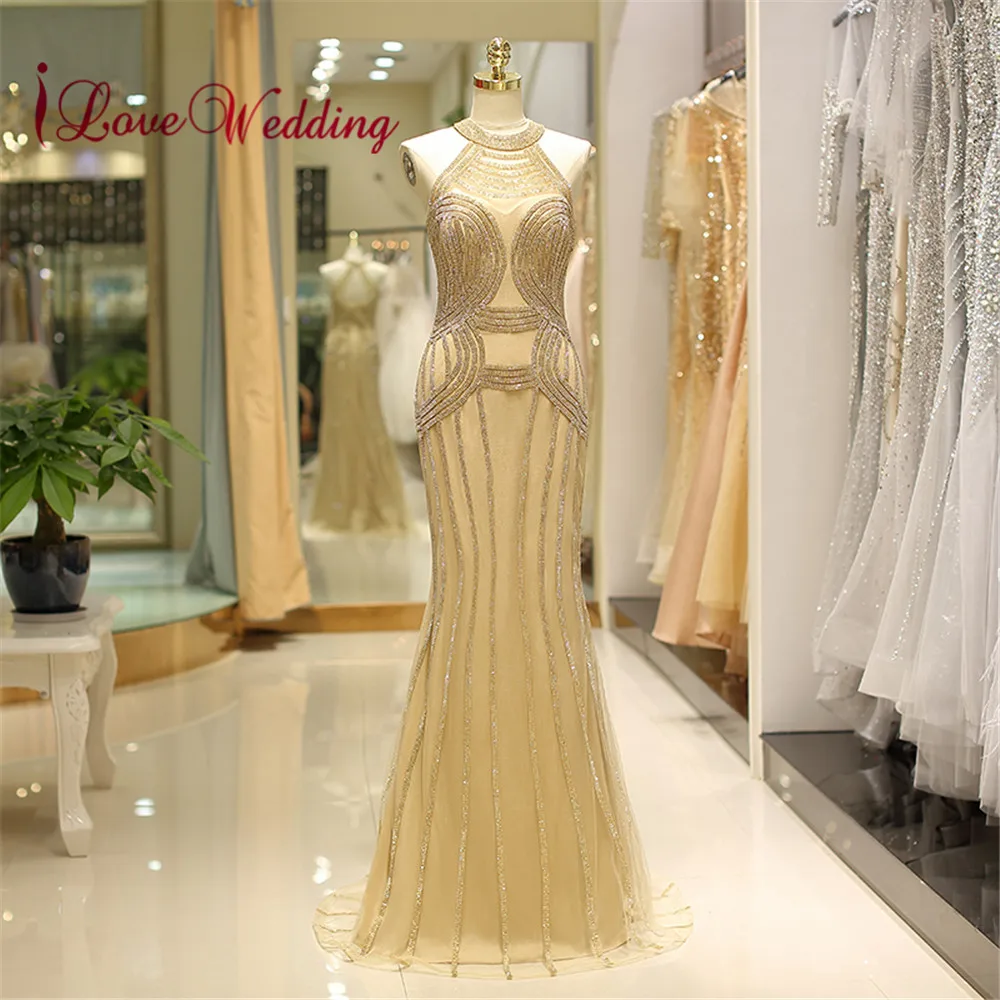 

iLoveWedding Hatler Gold Sequined Evening Gown Abendkleider 2018 Sexy Back Mermaid Long Evening Dresses Real Photo