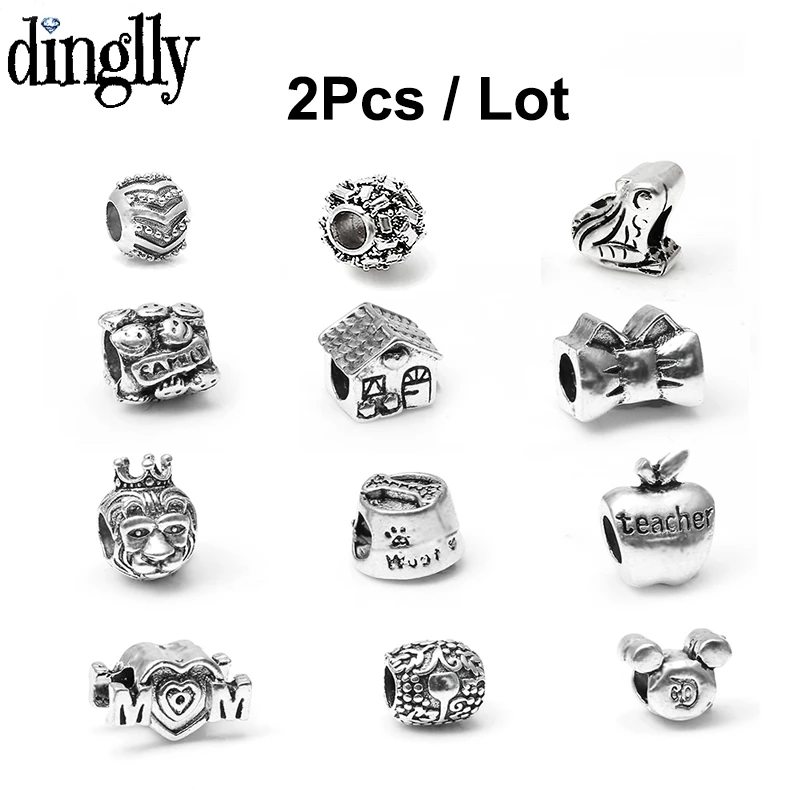 

2Pcs Silver Cartoon Expressions Frog Apple Bear Love Beads Charms Fits European Pandora Bracelets & Bangles DIY Jewelry Gifts