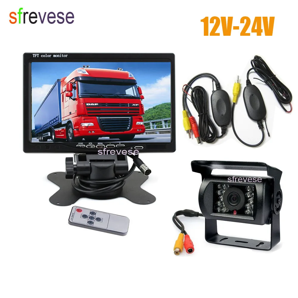 18LED Car Rear View Reverse Camera 7/" LCD Monitor Kit For 20M Bus Truck 12-24V