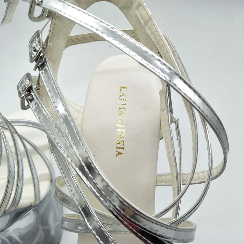 LAIJIANJINXIA/Танцевальная обувь на тонком каблуке пикантные босоножки на ультравысоком каблуке 20 см Серебристые свадебные туфли с ремешком высотой 8 дюймов обувь с украшением в виде кристаллов