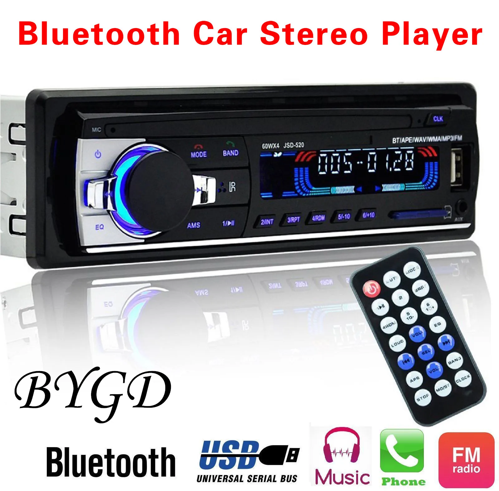 

BYGD Bluetooth Autoradio Car Stereo Radio FM Aux Input Receiver SD USB JSD-520 12V In-dash 1 Din Car MP3 Multimedia Player