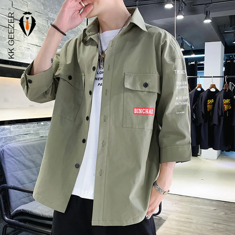 

Men Shirt Pocket Three Quarter Sleeve Street Tuxedo Shirts Cotton 100% Summer Loose Casual Formal Fashion Dress Brand Shirt
