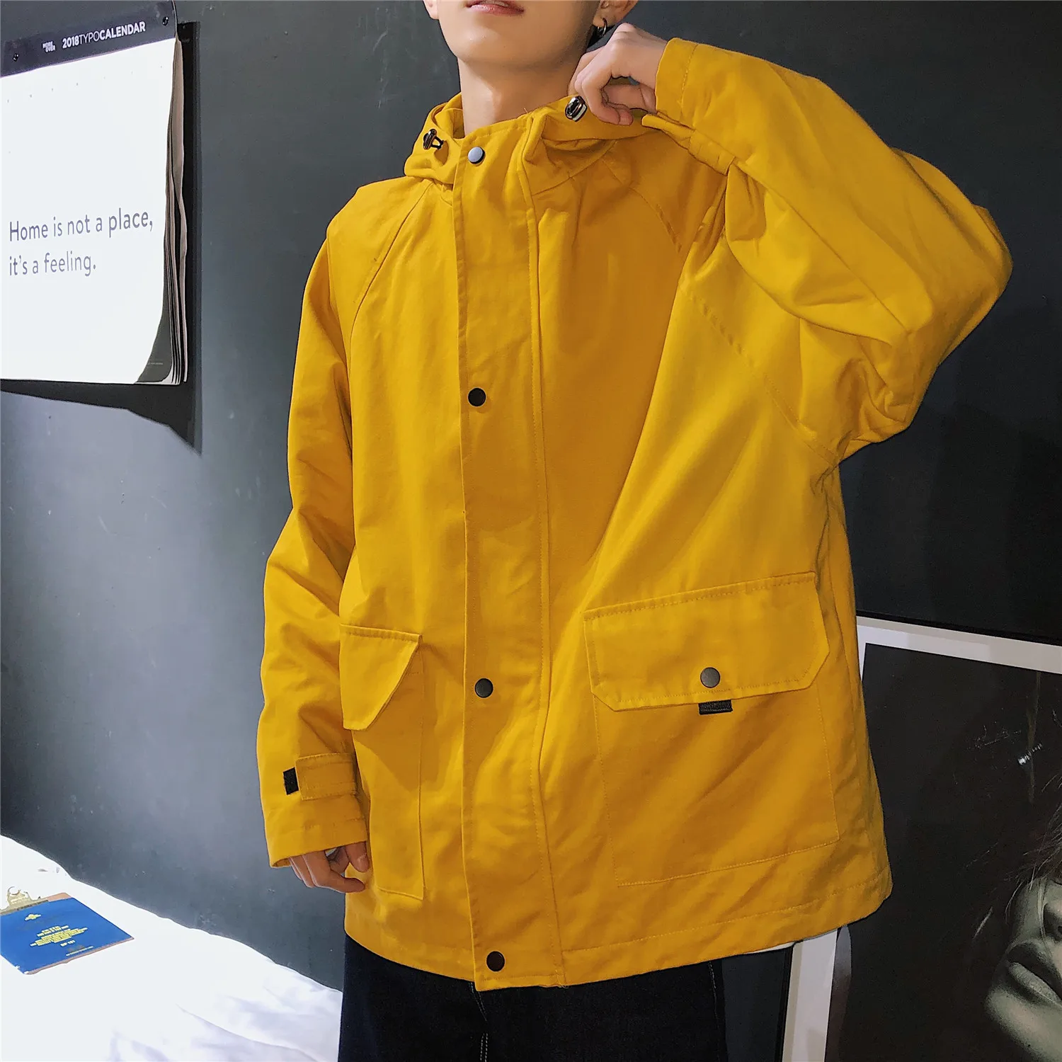 Мужская куртка, весна, Новая ветровка с карманами, рабочая одежда, Свободное пальто в стиле милитари, в стиле хип-хоп, однотонная, черная, желтая - Цвет: yellow