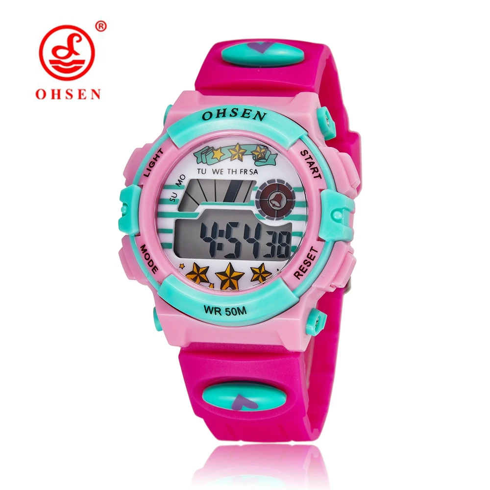 OHSEN электронный цифровой Красный для девочек и мальчиков светодиодный наручные часы мягкий силиконовый ремешок будильник Дата мультфильм дети Студенческие часы подарок