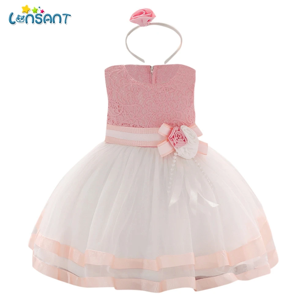 

LONSANT 2018 New Arrival Summer Flower cute Baby Girl Princess Pink Floral Print Sleeveless Clothing Dresses+Headband Sets